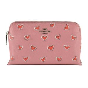 Rare Coach Pink Cosmetic Case - Heart Print 17 Cross-Grain Leather w Zipper